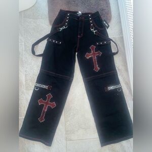 Hot Topic Black and Red Cross Flare gothic Jeans